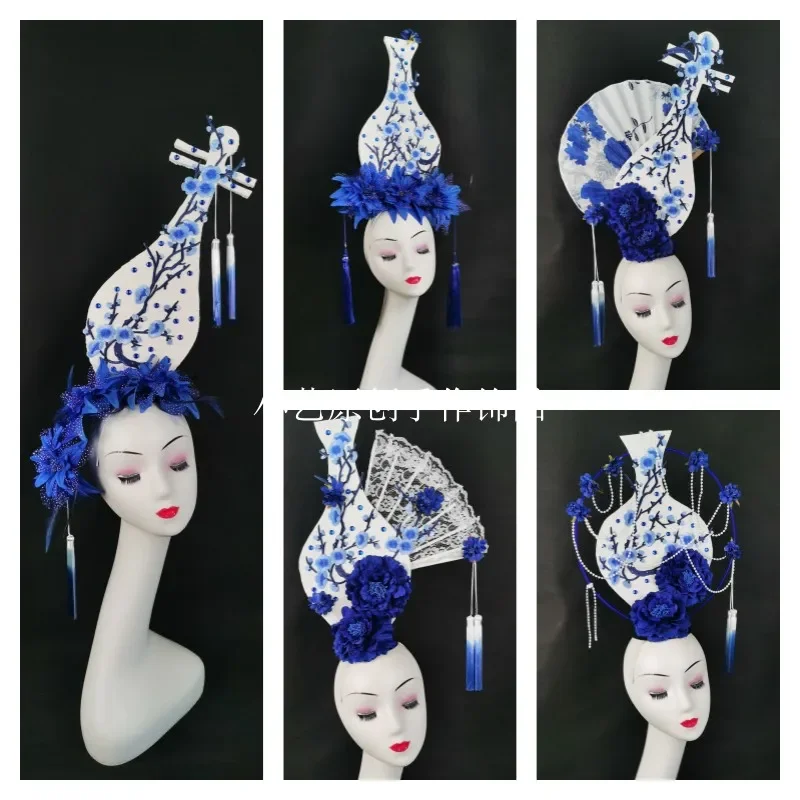 Ancient blue and white porcelain pipa stage performance competition headgear catwalk makeup style hair