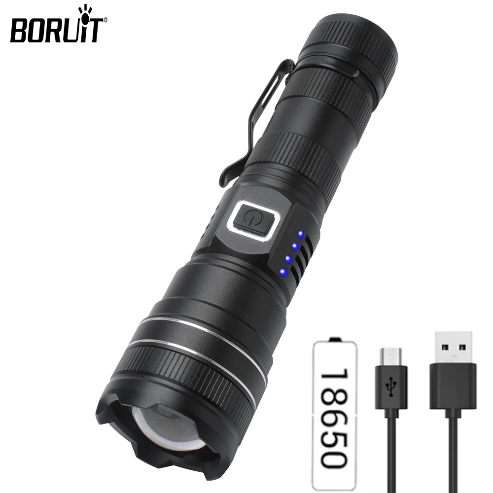 

BORUiT Zoomable LED Flashlight 4 Light Mode USB Rechargeable Portable Tactical Torch Light Waterproof Camping Hunting Lantern