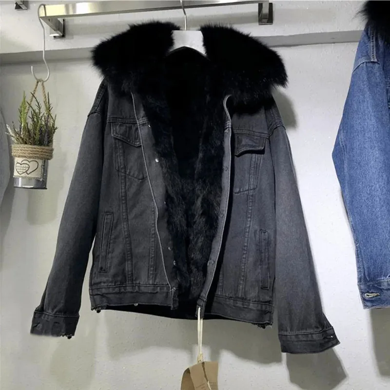 Lady New Big Fur Collar Denim Jacket Women Winter Warm Basic Coat Female Cold Motorcycle Outerwear Fleece Thick Padded Overcoat