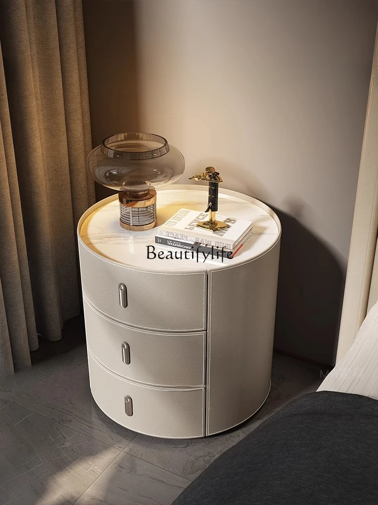 

Designer Model Saddle Leather Bedside Table round Three Commode Italian Minimalist Side Table