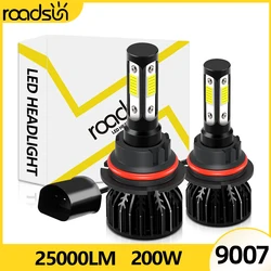 Lâmpadas LED do farol do carro, farol de carro, luz de nevoeiro, Hi e Lo, 4 lados, 25000LM, 200W, 9007, HB5, COB, 6000K, 8000K, 1 conjunto