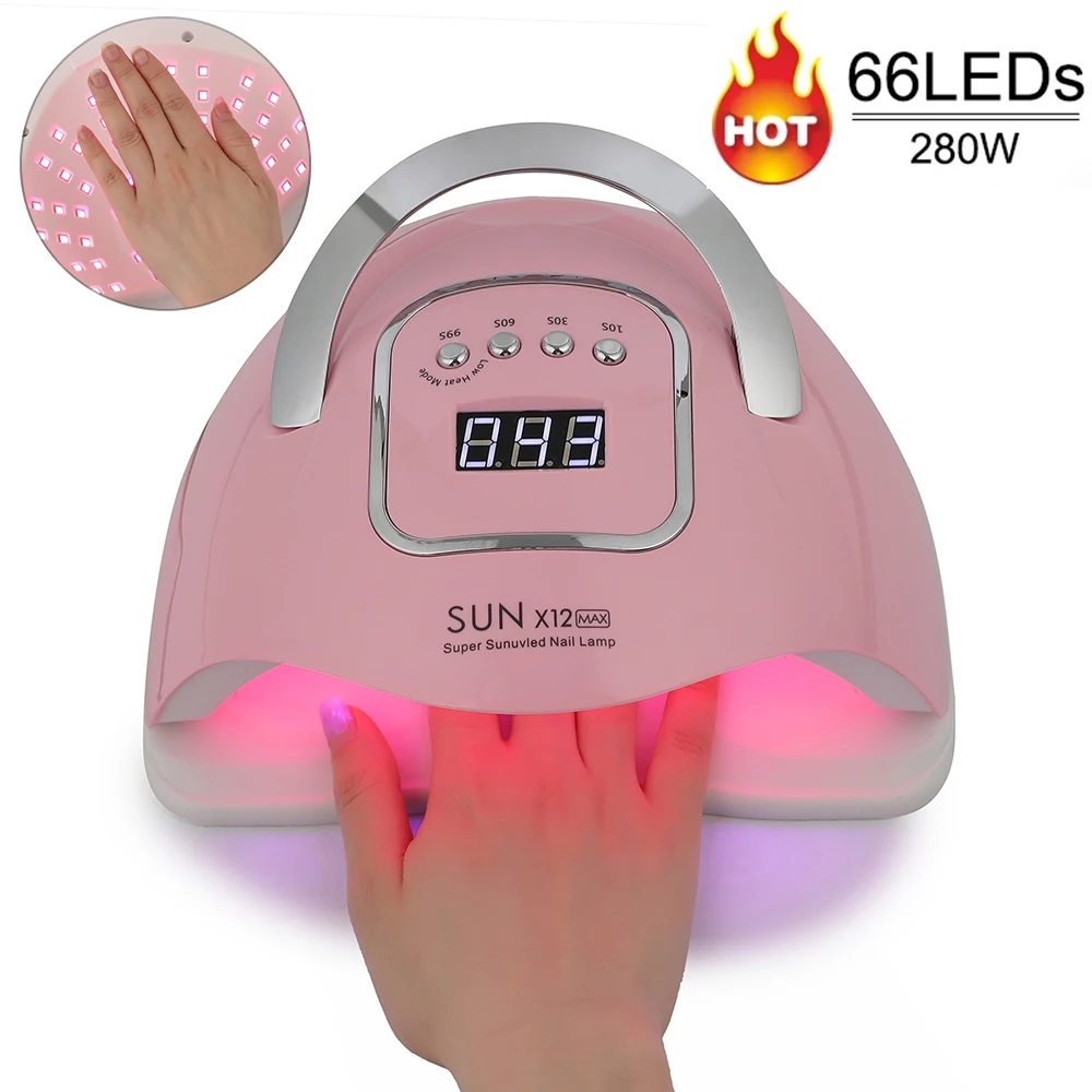 

280W Pink SUN X12 MAX UV LED Nail Lamp for Manicure 66LEDsGel Polish Drying Machine with Large LCD Screeen Smart Nail Dryer Lamp