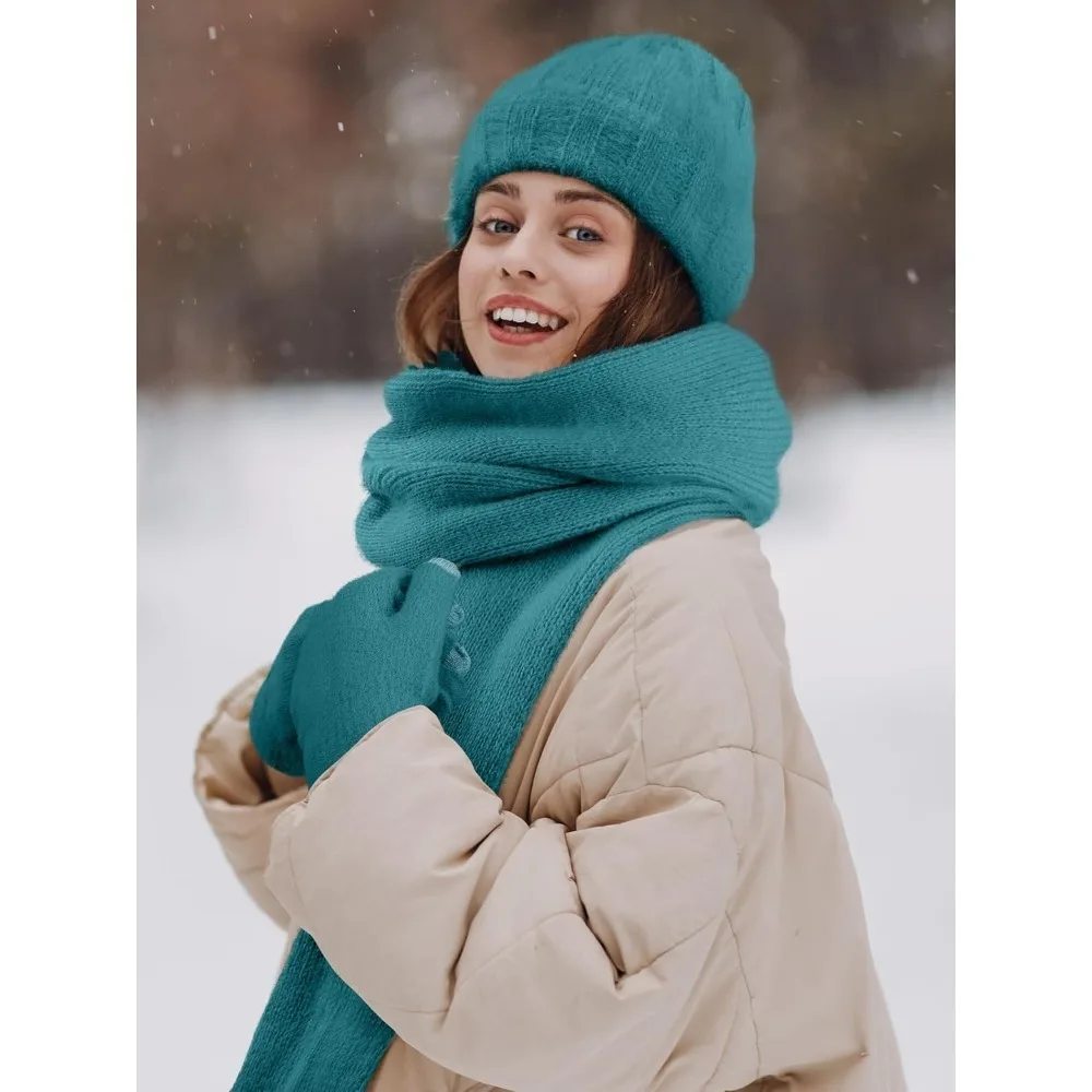 الشتاء قبعة قبعة وشاح قفازات، الدافئة الصوف متماسكة قبعة وشاح طويل الرقبة أدفأ شاشة تعمل باللمس قفازات الشتاء مجموعة هدايا للنساء