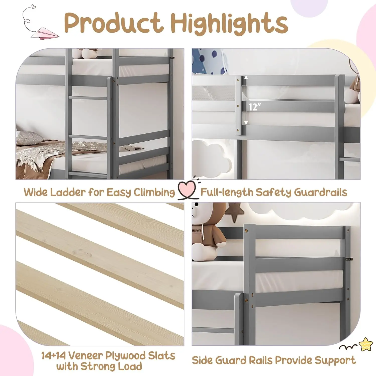 Komfott Wood Bunk Bed Twin Over, Bunk Bed dengan tangga & pengaman pagar pengaman, rangka kayu Solid, Ideal untuk asrama &