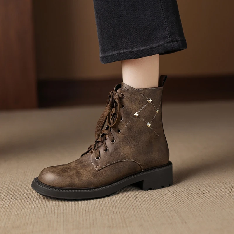 

Women's new leather cowhide round toe retro mid heel handmade plus size lace up zipper and calf short boots fashion boots