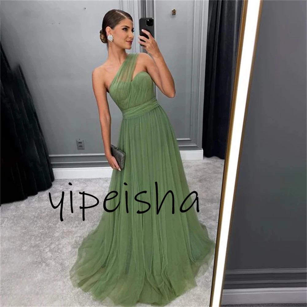 Customized Elegant Fashion Tulle Green Evening Dresses One-Shoulder Sweet Heart A-line With Sweep Train Formal Party Gowns