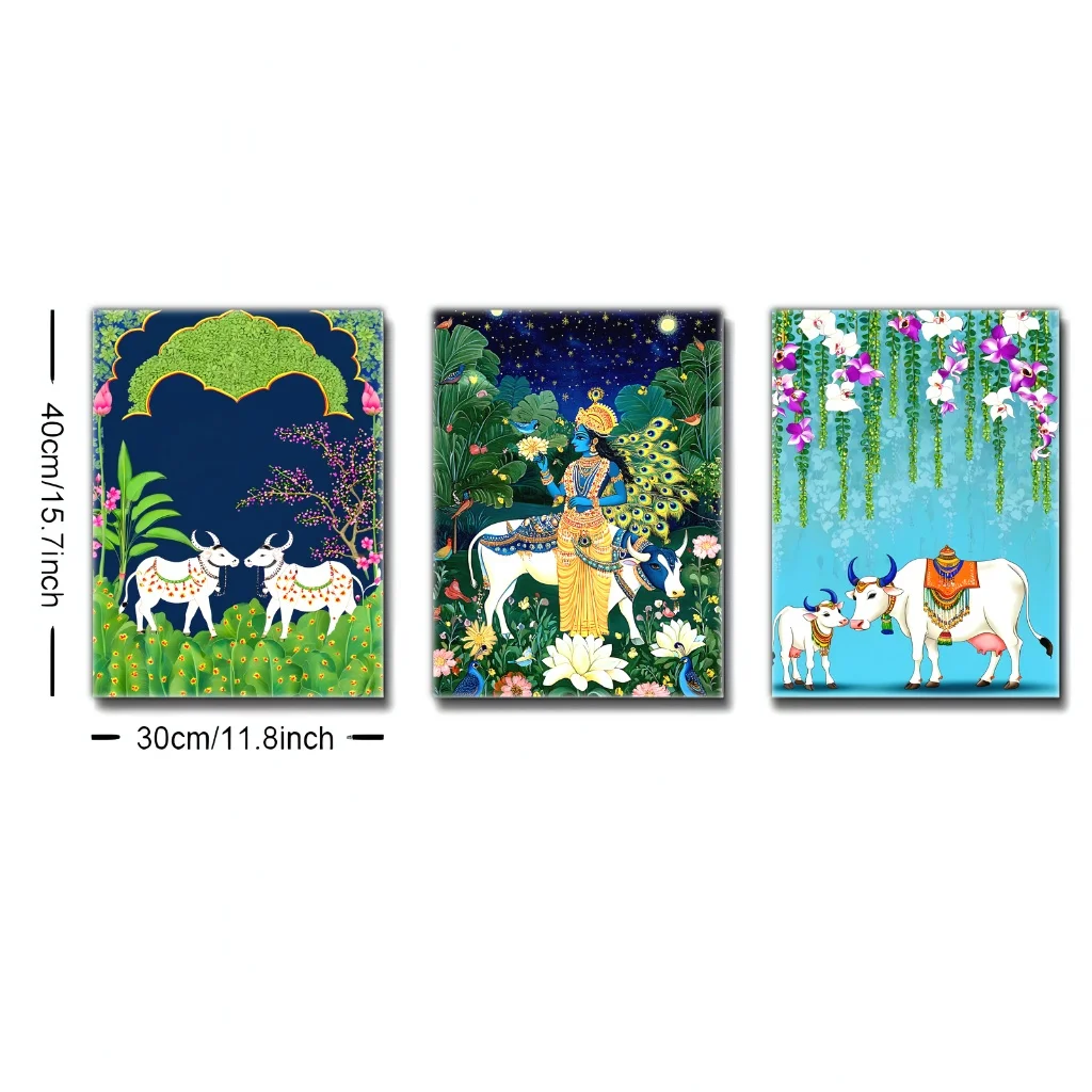 3 قطع من المطبوعات القماشية المؤطرة، ملصق زخرفي بنمط إسلامي للتسامي الفني المذاق، منظر طبيعي للبقرة والأغنام #6