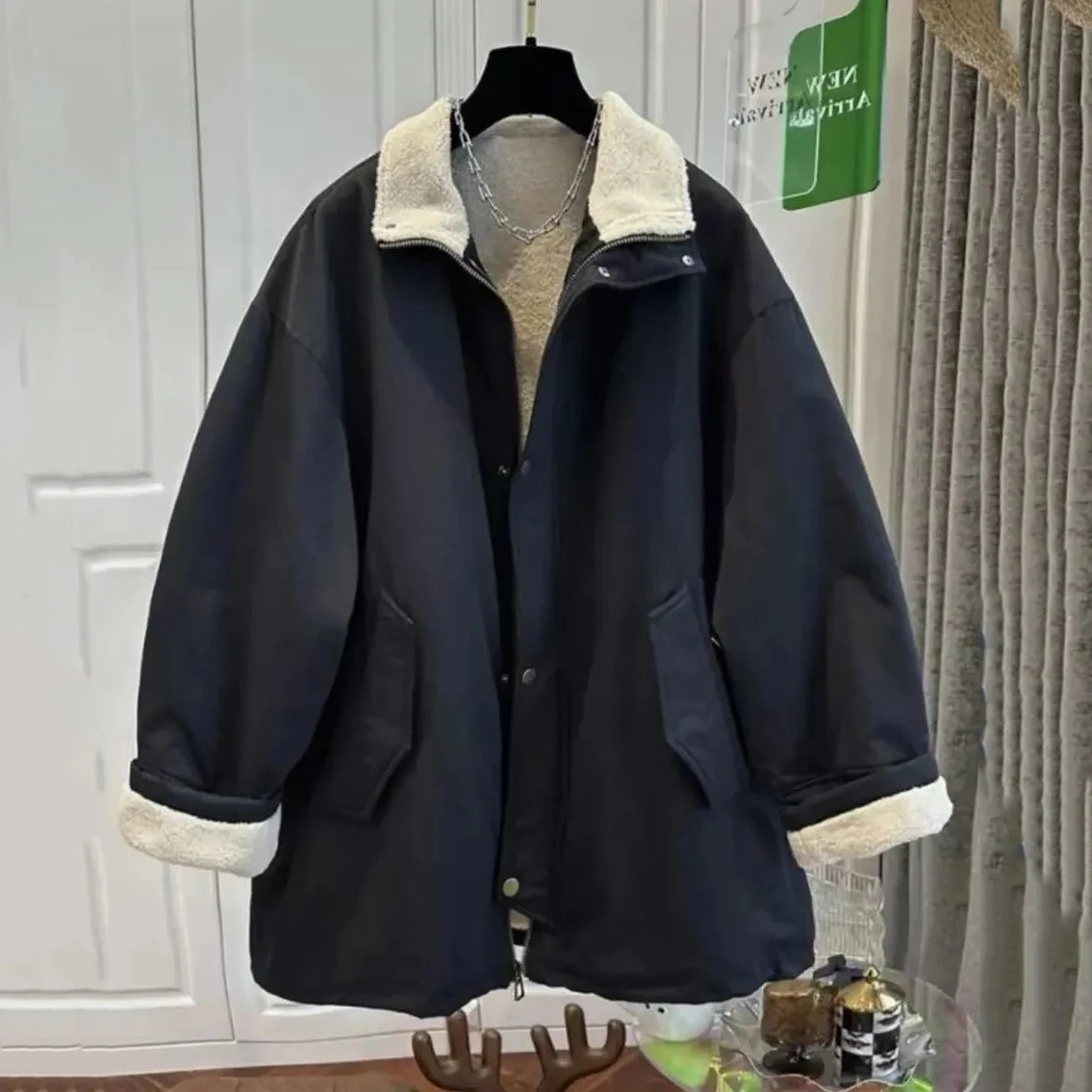 

Корейский стиль, хлопковая стеганая куртка с лацканами из овечьей шерсти для женщин, осенне-зимняя верхняя одежда, повседневное теплое свободное хлопковое пальто