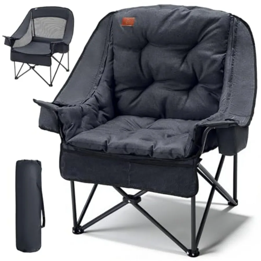

Outdoor camping chair for adults: black heavy-duty folding mesh chair with detachable cushion cooler pocket cupholder supports