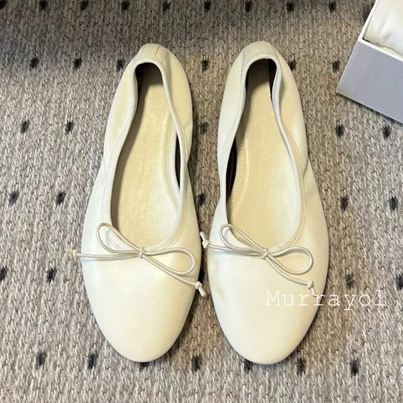 Zapatos de Ballet de cuero genuino con punta redonda para mujer, decoración con nudo de mariposa, zapatos Mary Jane de fondo plano, zapatos individuales versátiles de verano