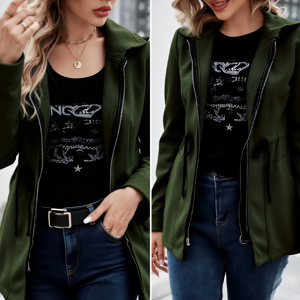 

Женский длинный плащ в стиле милитари, однотонный капюшон с завязками на талии и застежкой-молнией, городской повседневный стиль