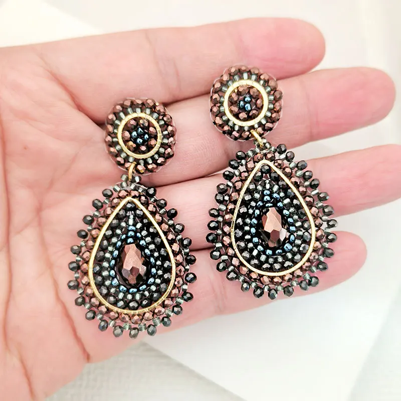 Image of Perlenohrringe Kristall Handgewebte Wassertropfen-Ohrringe Retro Bohemia Legierung Damen Trend Einfache Reisperlenohrringe