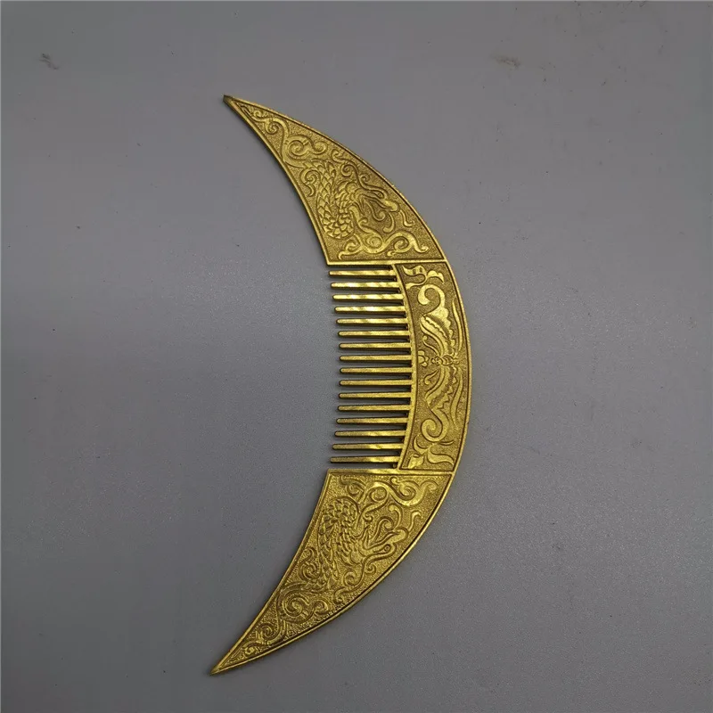 -Style Vintage Antique Brass Crescent-Shaped Dragon Pattern Comb Miscellaneous