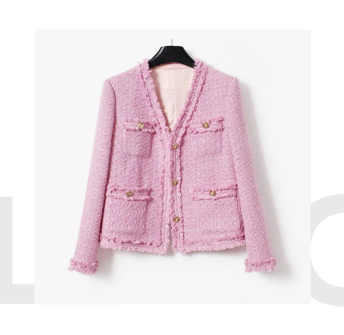 Fashion Korean Tweed Pink Jacket For Women Autumn Winter 2024 New Vintage Long SleeveHigh Quality Coat Female Cloth Outwear Tops