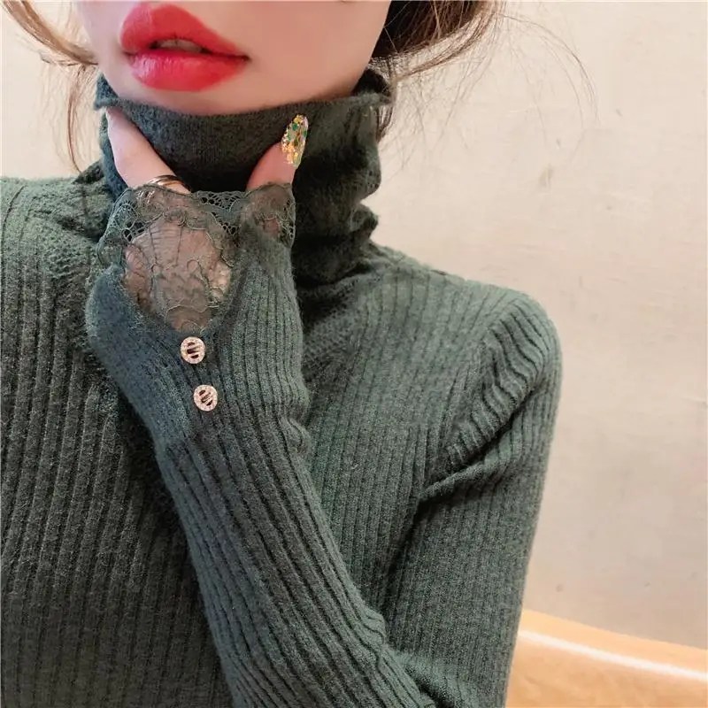 Elegant Pile Collar Solid Color Spliced Lace T-Shirt Women's Clothing 2023 Autumn Winter Slim Korean Tops Office Lady Tee Shirt