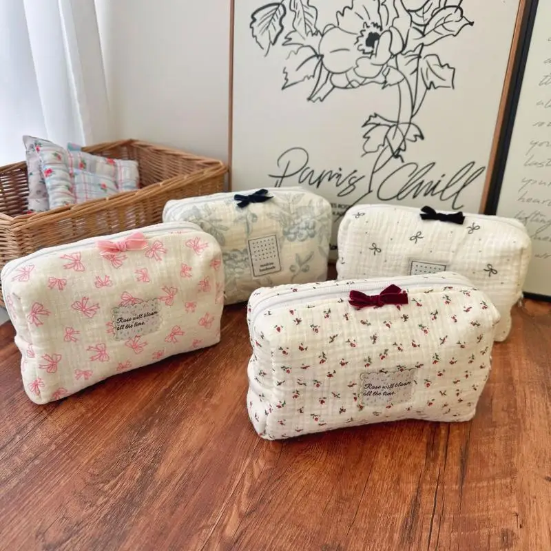 

Fashion Women Quilted Cotton Cosmetic Storage Bag Cherry Travel Sundries Storage Organizer Pouch Girls Pencil Case Tote Handbags