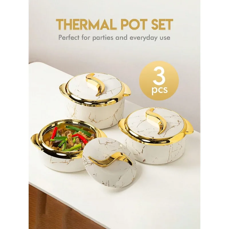 3pcs Golden Touch Food Warmer, Thermal Casserole Dish Set With Lids, Insulated Stainless Steel Container For Hot & Cold Food, Serving Bowl For Buffets, Hot Pot Sets Food Warmer, Hot Pot Food Warmer Set, Tableware Casseroles Set, For Office