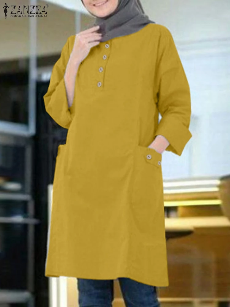 ZANZEA Woman Fashion Eid Mubarek Muslim Shirt O Neck Long Sleeve Tunic Tops Autumn Elegant Party Chemise Islamic Clothing 2023