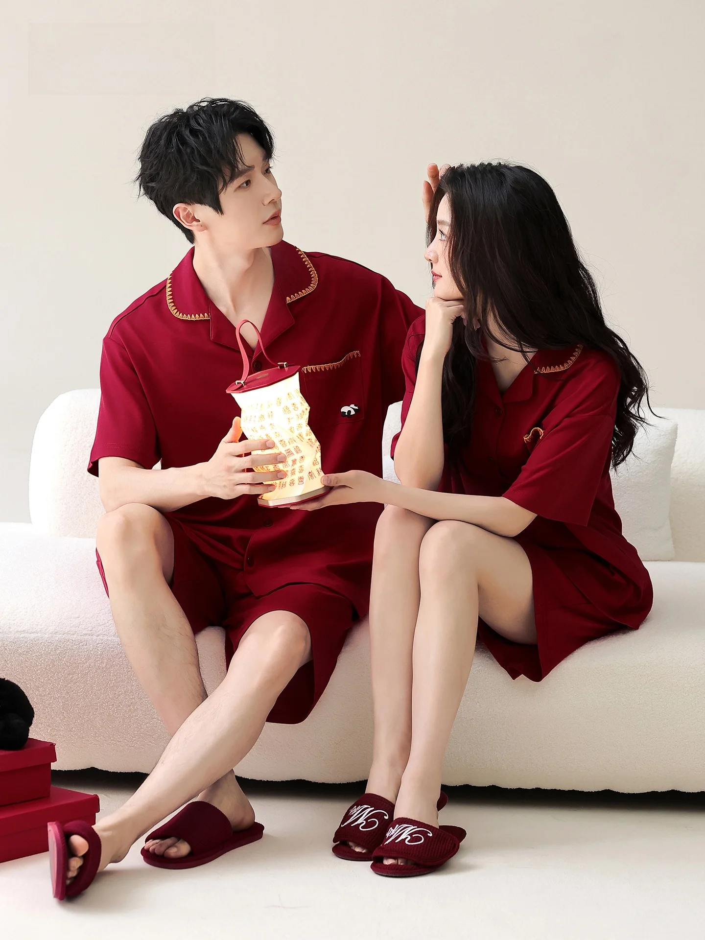 Pijama de Algodão de Verão Shanghai Story 2026 Vermelho para Casal, Roupa de Dormir para Recém-Casados, Conjunto de Presente ...
