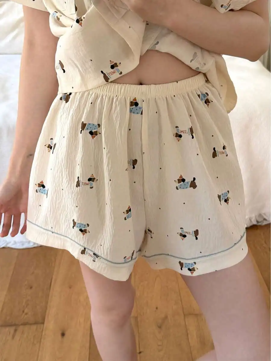 

Women 2pcs Pajama Set With Cartoon Dog Print Loose Shorts Sleepwear For Spring Summer