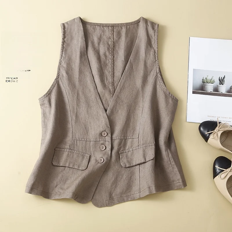 Women's Linen Sleeveless Vest Summer Casual Loose Outerwear Thin V-neck Single Button Closure Pure Color Versatile Style