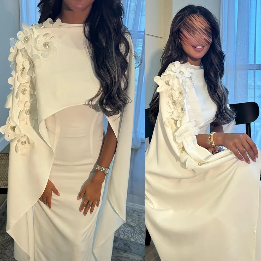 

Customized Bridal O-neck Satin Backless Ankle-Length Prom Dress with Flower Accents Cap Long Robe Evening Gown