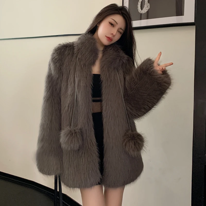 Winter New Women Faux Fur Coat Snow Ball Long Sleeves Thick Warm Faux Fur Coats Korean Fashion Young Lady