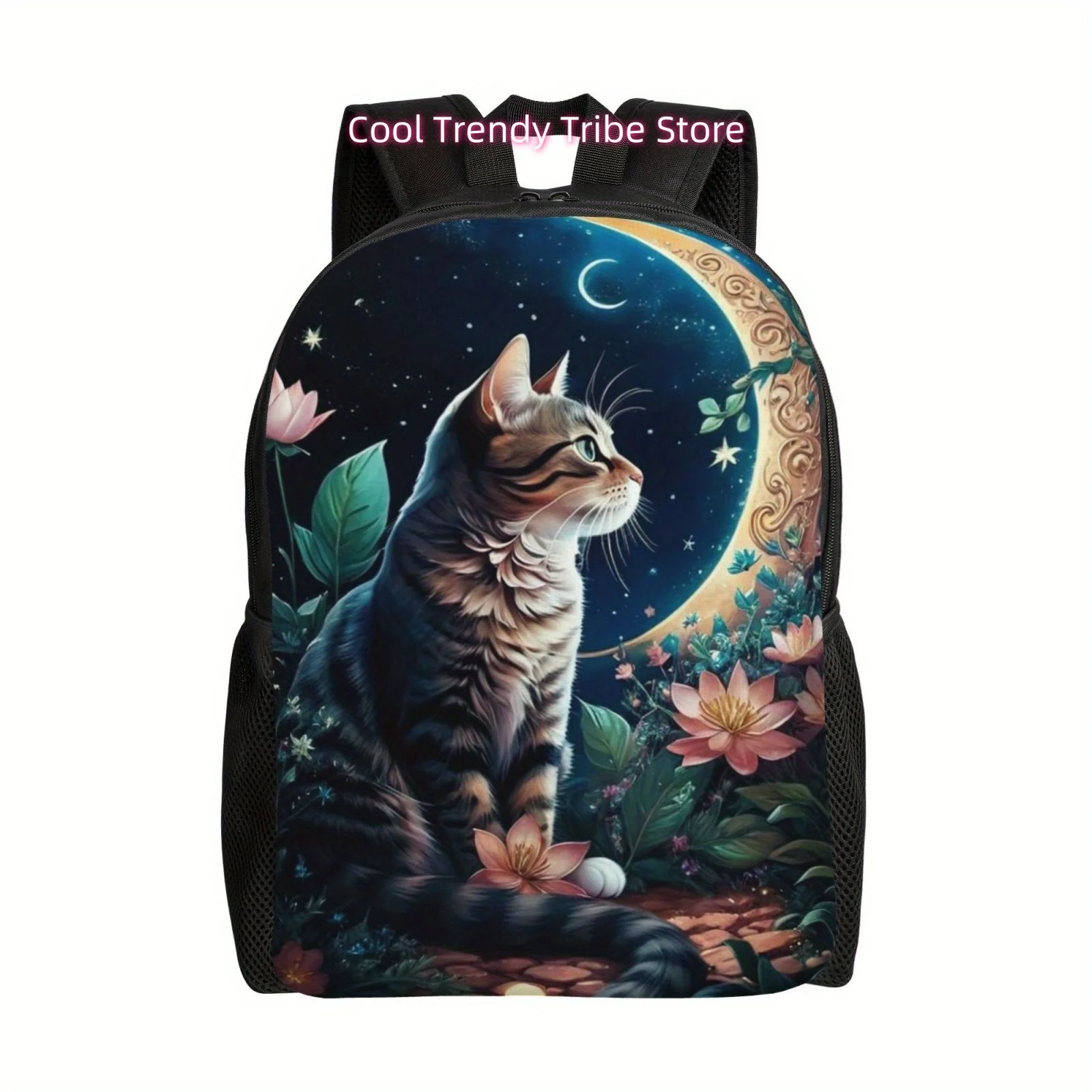 Moon Cat Floral Lightweight Backpack - Adjustable Straps, Large Capacity for Laptop & Books, Perfect for Work, Travel & College