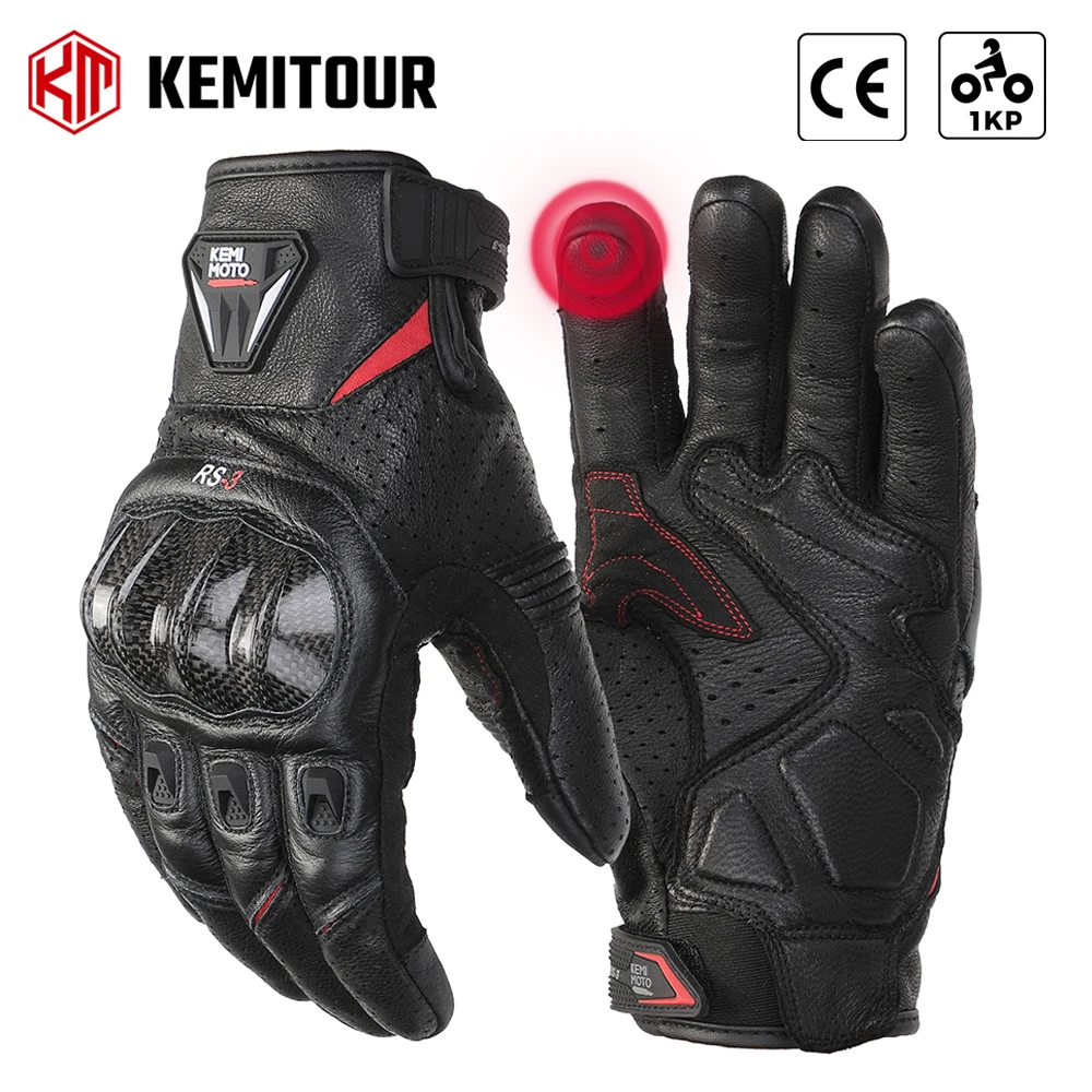 KEMITOUR Leather Motorcycle Gloves CE Men's Retro Moto Gloves Touch Screen Carbon Protective Motorbike Breathable For Summer