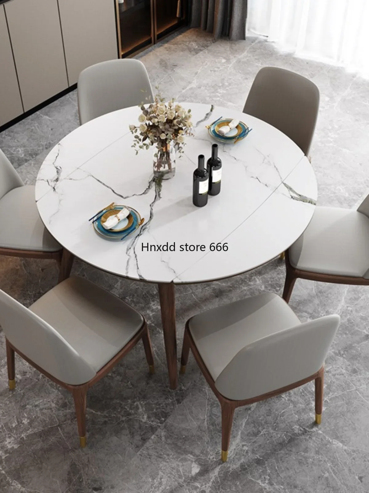 Solid wood retractable rock slab dining table foldable square and round dual-purpose