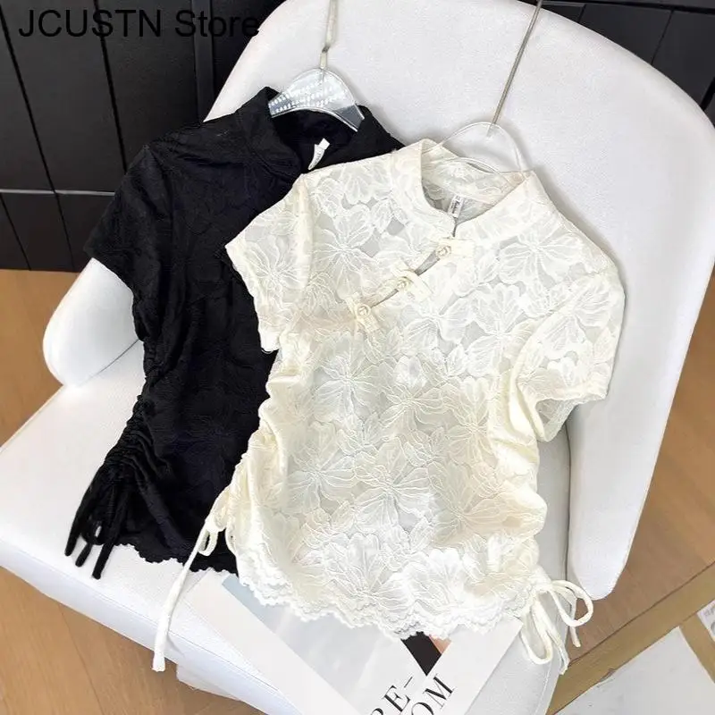 

2025 New Chinese Style Short-Sleeved Cheongsam Top Women's Blouse Casual Fashion Lace Daily Qipao Stand Collar Improved Hanfu