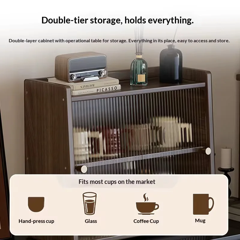 Walnut Countertop Storage Cabinet Cupboard with Glass Doors Compact Kitchen Organizer Close at Hand on Counters - view 4