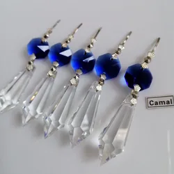 Camal 5Pcs 38mm Clear Crystal Icicle Drop Pendant Chrome Bowtie Pins w/ Blue Octagon Beads Lamp Lighting Chandelier Prisms Part