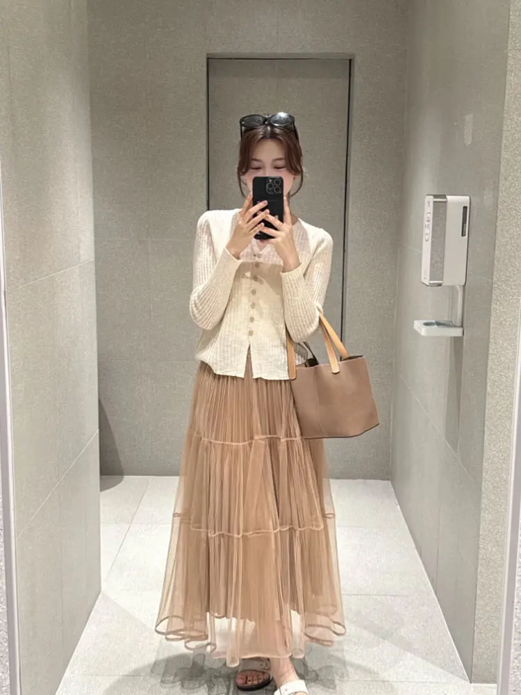 كارديجان نوكسياو لا سيليكت 2025 الجديد للخريف، تصميم أنيق ضيق مضلع بزر واحد، محبوك مفتوح على الطراز الكوري بأكمام طويلة وياقة...