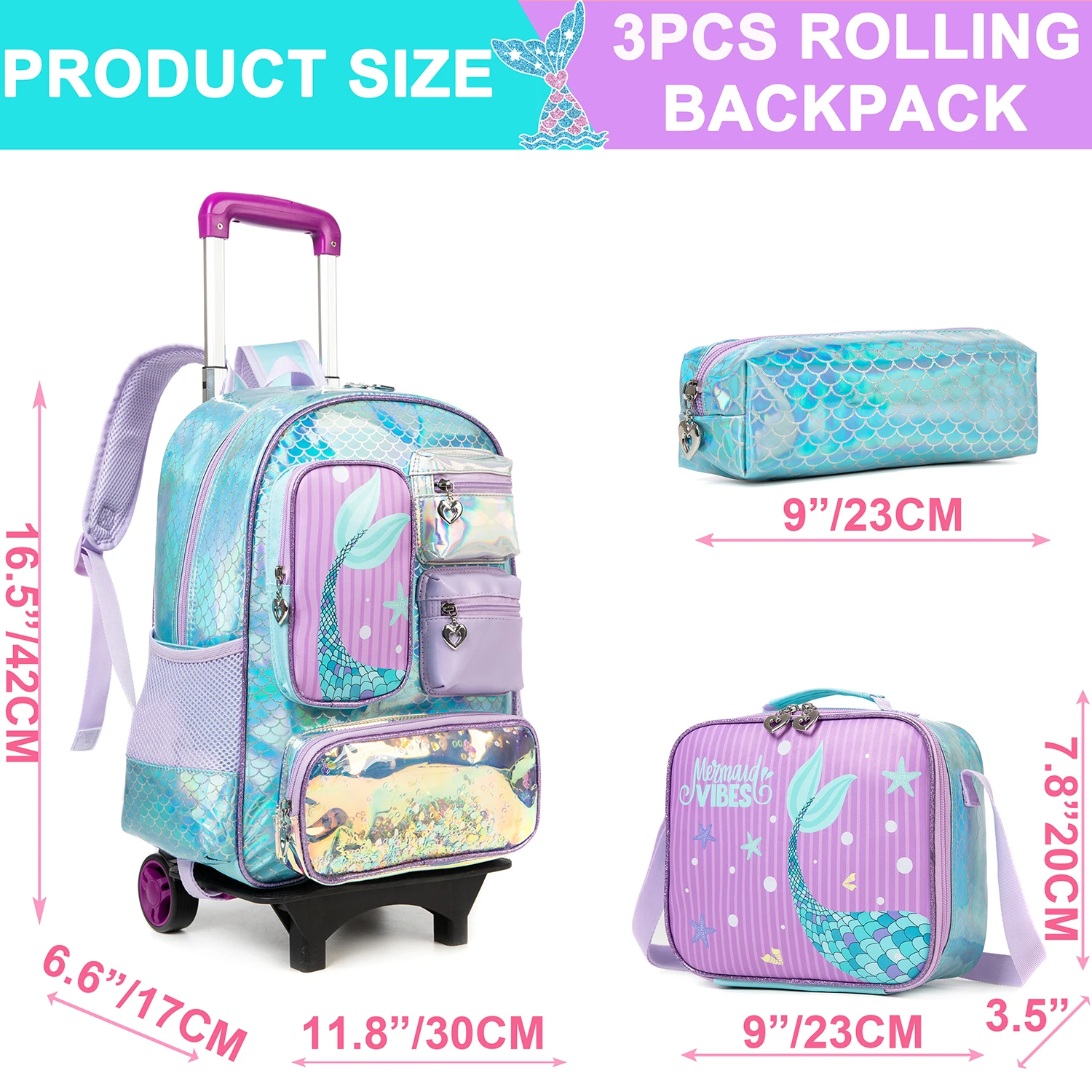 Rolling Backpack with Wheels for Girls Rolling Backpacks with Lunch Box Pencil Case for Elementary Students Kids Luggage