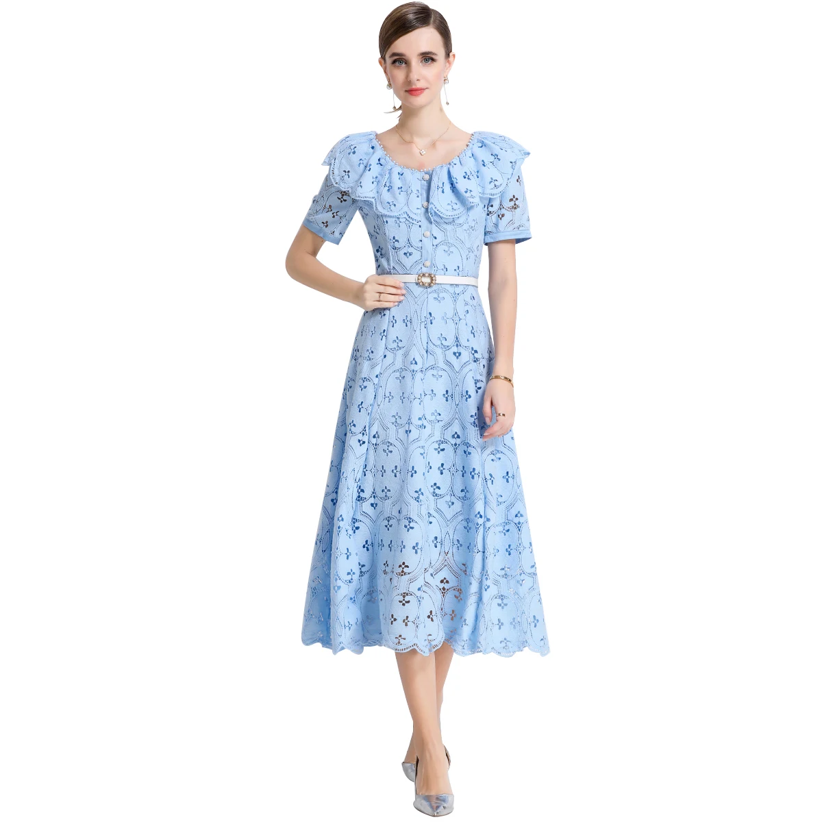 

Summer Runway Short Sleeve Floral Embroidery Dress For Women Ruffles Crystal Diamond Belt Long Dress Luxury Evening Formal Robe