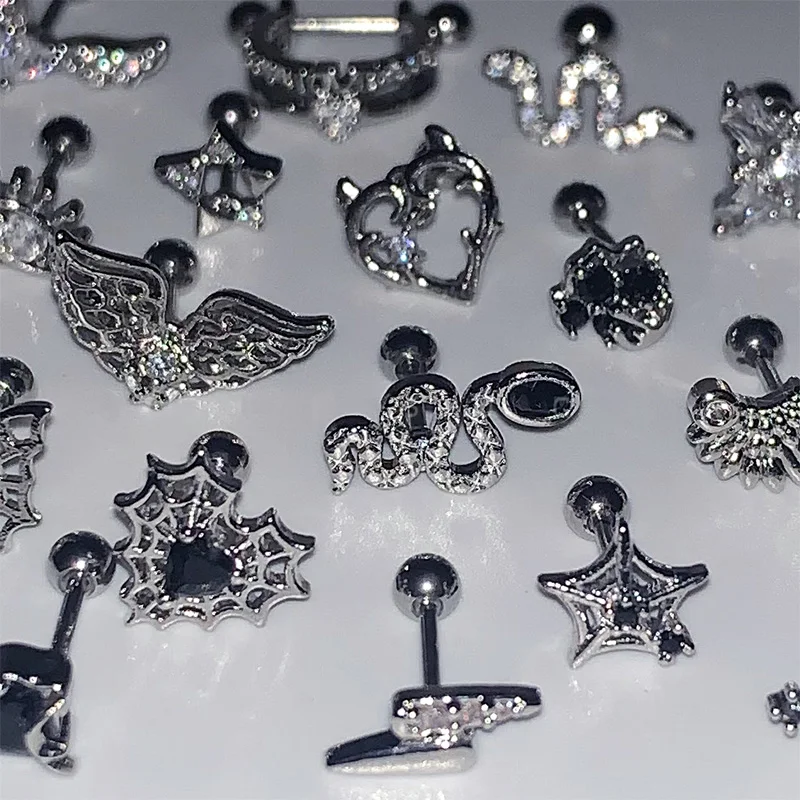 Trendy Bling Zircon Heart Screw Earrings for Women Stainless Steel Wing Snake Studs Earring Punk Cool Exquisite Jewelry Gifts