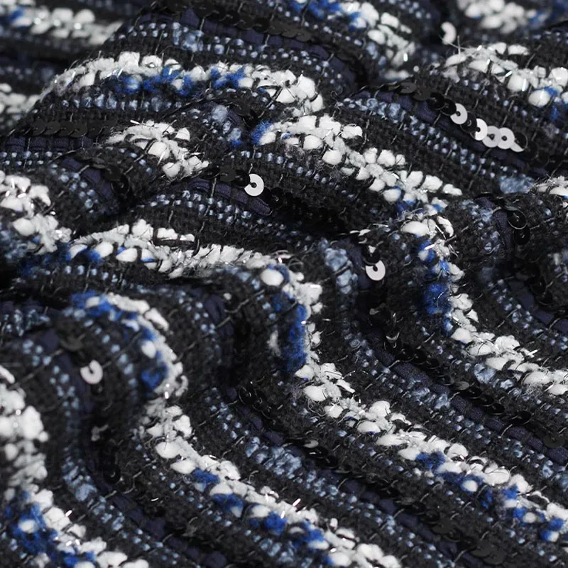 50x145cm Navy And White Stripe Sequin Yarn-Dyed Braided Tweed Fabric For Women Autumn Jacket Dress Suits Coat Handbag DIY Cloth