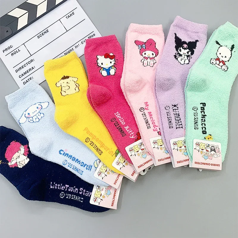 Kawaii Sanrio Coral Plush Socks Cartoon My Melody Kuromi Cinnamonroll Pochacco Girl Thickened Warm Sleep Socks Holiday Gifts