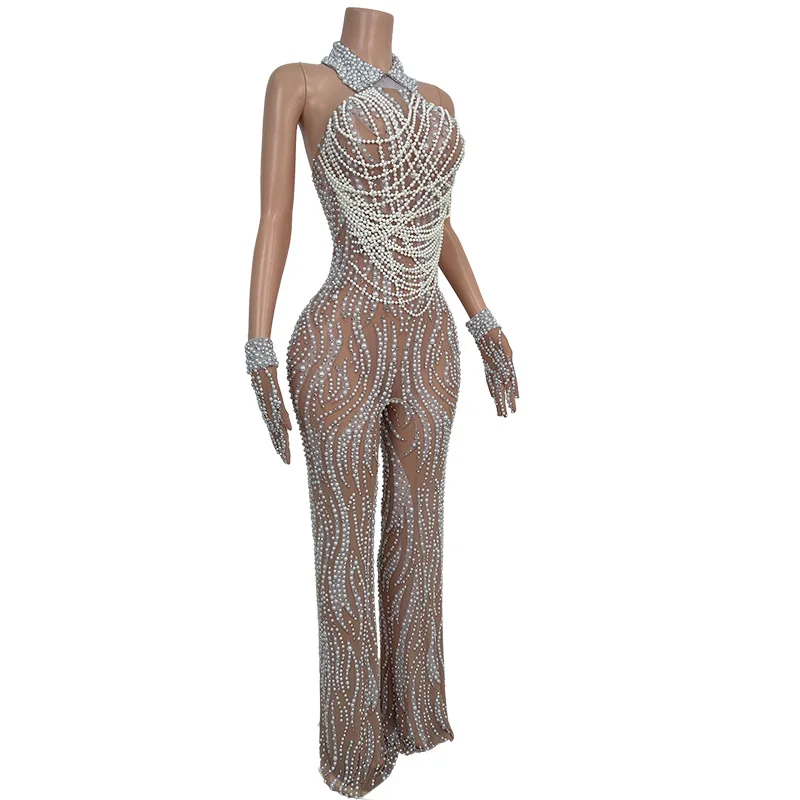 Elegant Pearls Crystal Tassel Wide Leg Jumpsuit Women Plus Size Backless Club Party Rompers Birthday Prom Playsuit Festival Wear