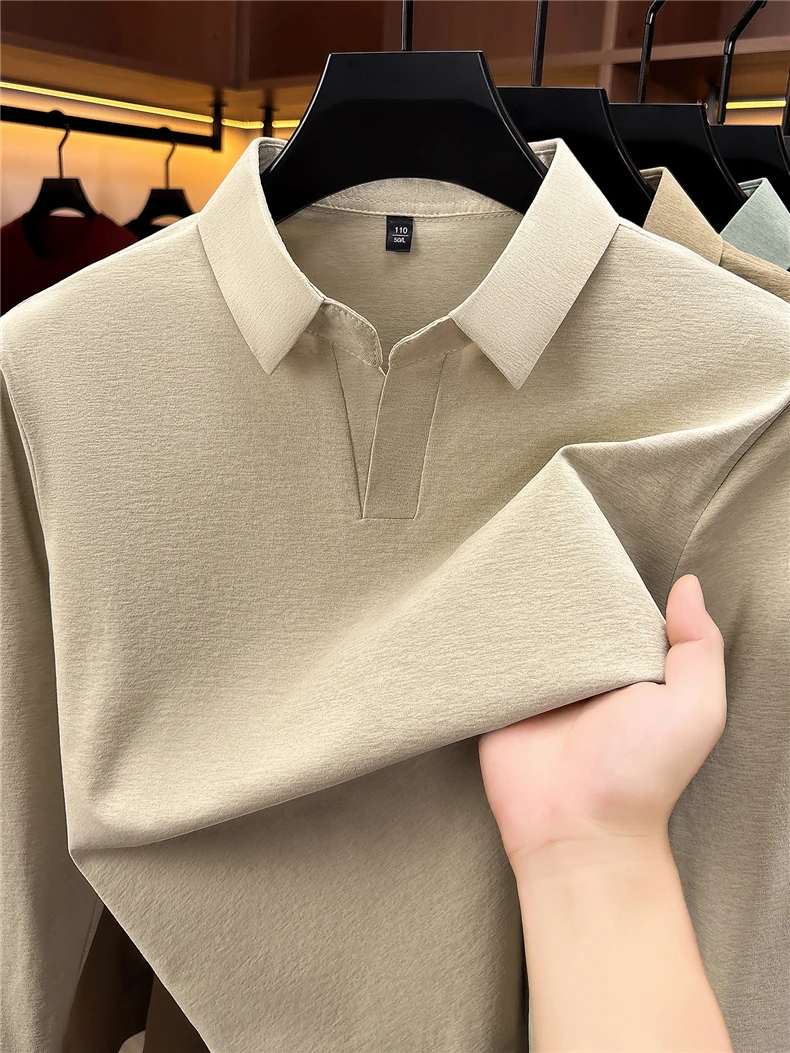 Herren Business Casual Langarm-Poloshirt Frühling Herbst Komfortables Atmungsaktives Arbeitsoberteil für Formelle Anlässe T-Shirts für Männer – Detail 6