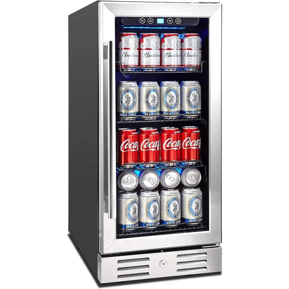 

15” Beverage Cooler and Refrigerator Under Counter Built-in or Freestanding - 96 Cans Capacity Mini Fridge- for Soda