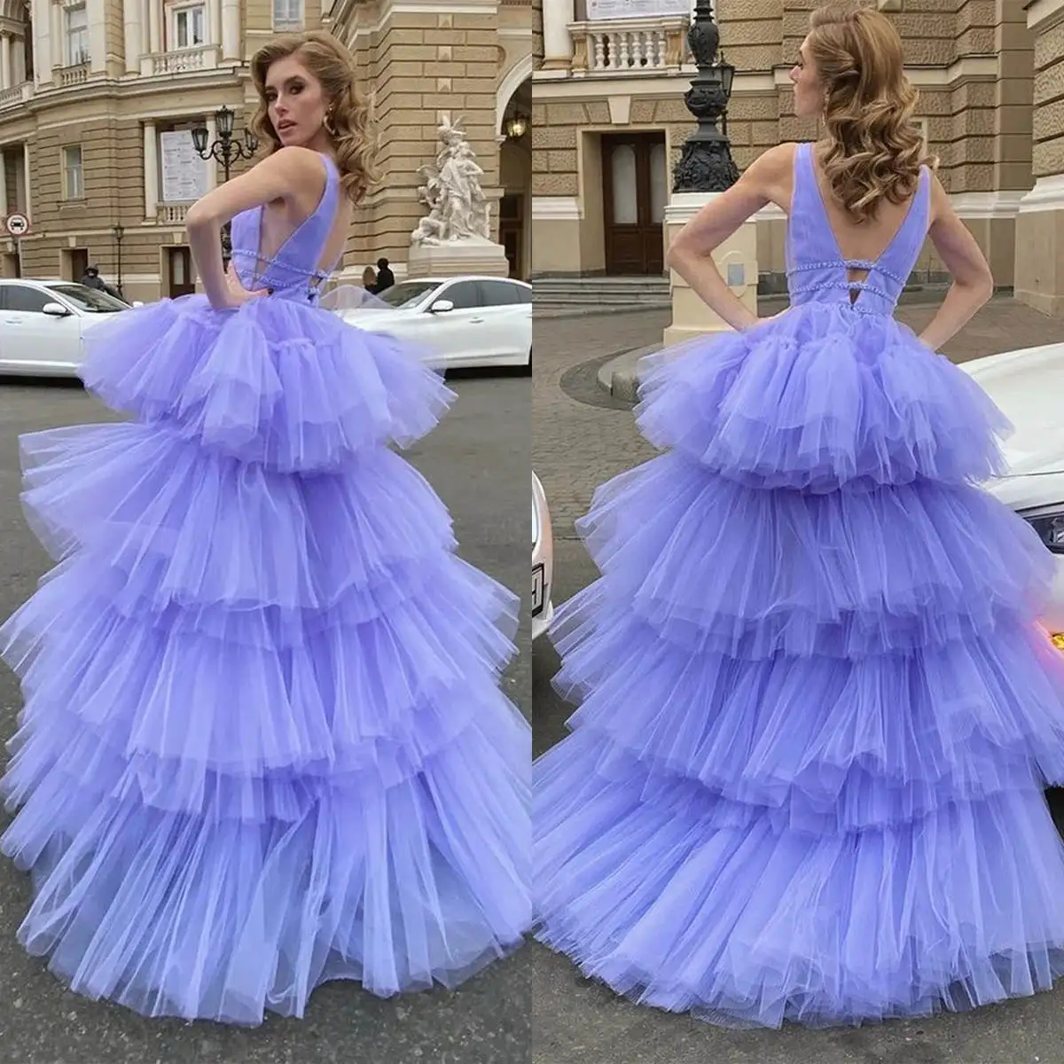 

Purple A-Line Gown Prom Dresses Ruffles Tiered Organza Party Dresses Sleeveless Plus Size Custom Size Colour vestidos de festa