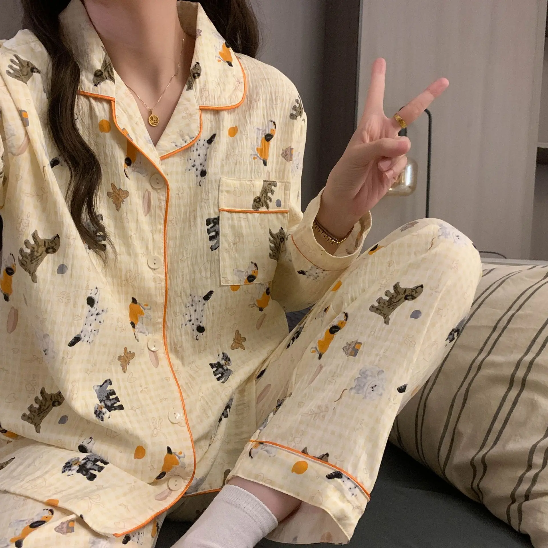 Pajamas set cute student women pyjamas autumn winter Mujer Dog Print Sleepwear Set Long Sleeve Top + Pants Homewear Breathable