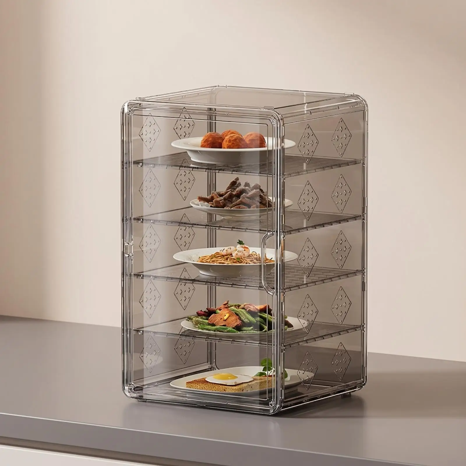 Space-Saving Countertop Food Cabinet | Five Internal Tiers, Clear Rigid Body,