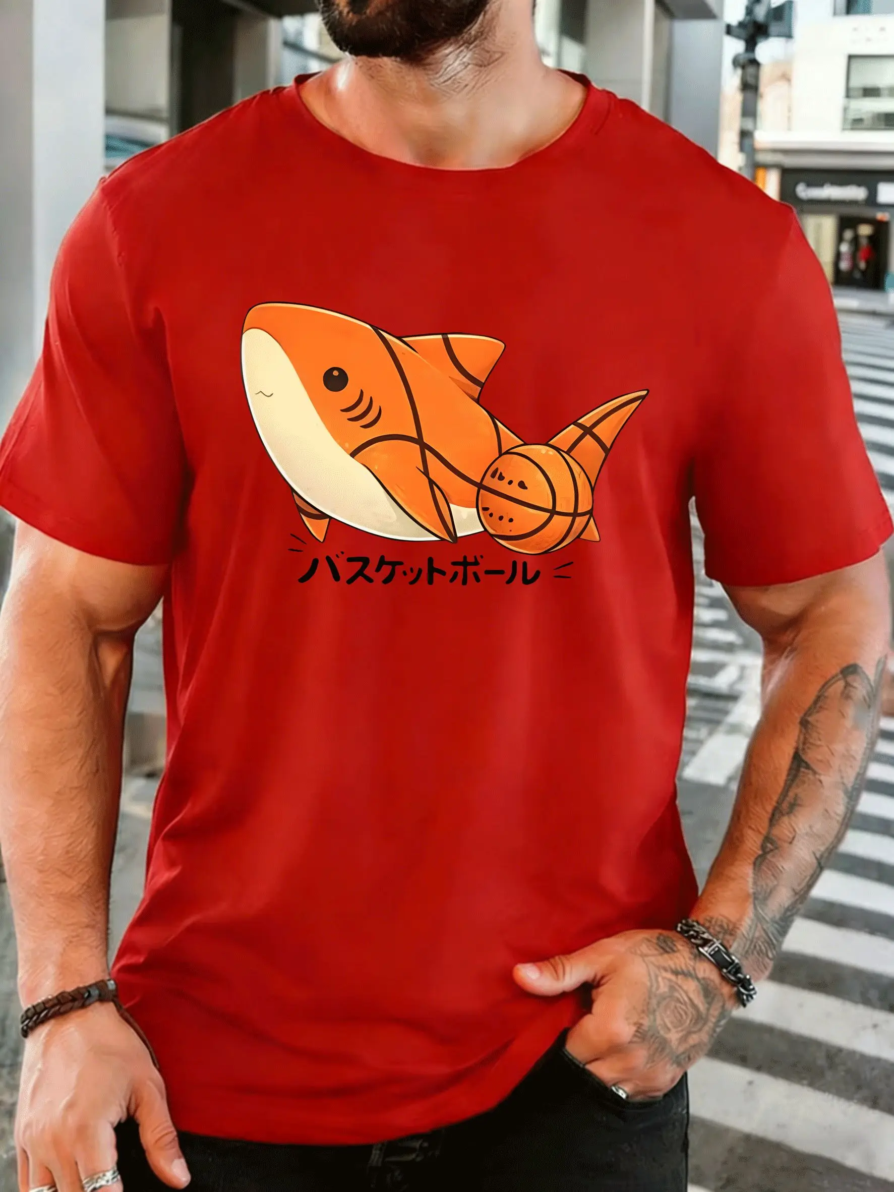Cute Basketball Shark Mens Front Print T Shirt Japanese Cartoon Animal Graphic Tee Casual Short Sleeve Top Basketball Fan Gift