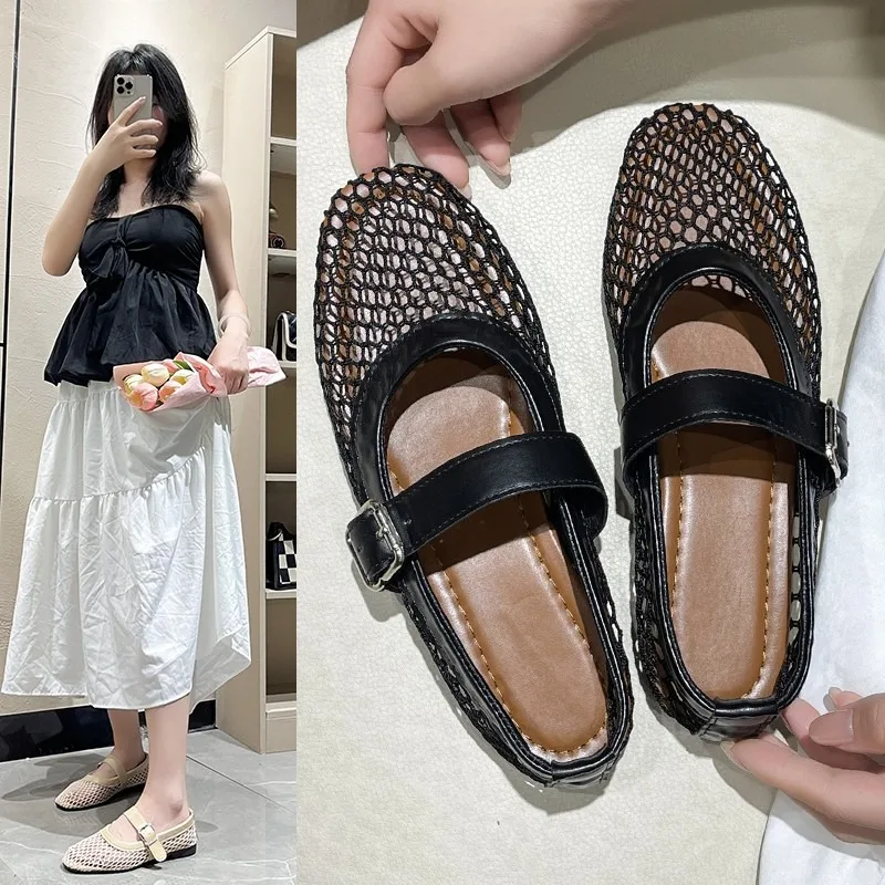 

Flat shoes, hollowed-out Mary Jane single shoes, fishing net shoes, 2025 summer new style sandals, women's net upper shoes