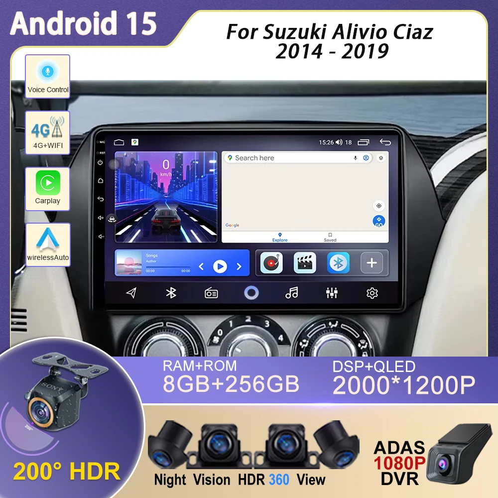 

Android 15 For Suzuki Alivio Ciaz 2014 - 2019 Car Radio 2 Din Stereo Multimedia Video Player BT Monitor Auto Carplay WIFI 4G DSP