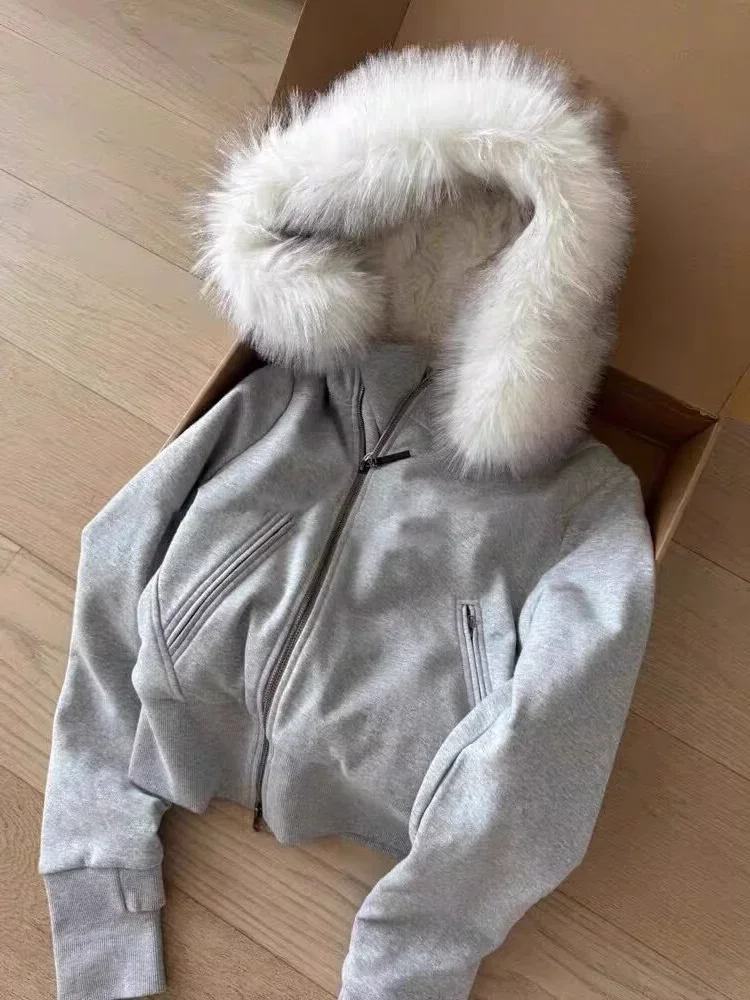 Grey Fur Collar Hooded Cardigan Jackets 2025 Autumn New Patchwork Coat Women Y2k Long Sleeve Zipper Tops Mujer Sweatshirts