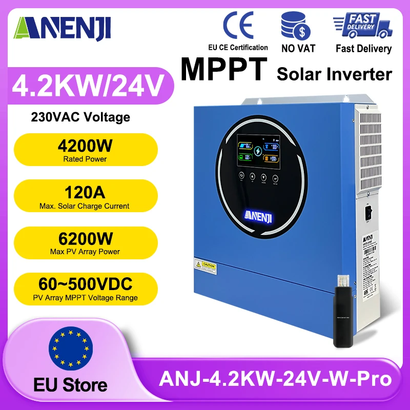 Convertisseur solaire hybride ANENJI 4,2 kW 24 V, convertisseur hors réseau et sur réseau, convertisseur à onde sinusoïdale pure 230 VAC avec WIFI, MPPT 100 A, double sortie, puissance PV maximale 5000 W.